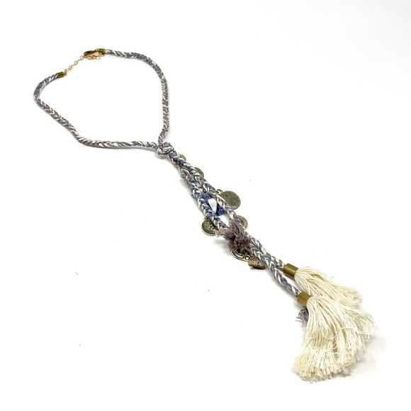 New Free People Coin Tassel Necklace Textile Gold Purple Cream - Picture 3 of 7